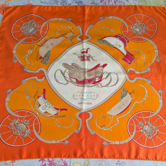 HERMES Springs Ledoux Orange White Red 90 cm Silk Square Scarf Rare Very Good - Picture 2 of 16